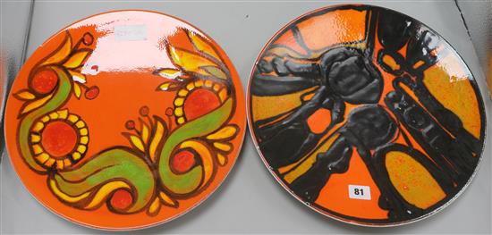 Two large Poole pottery orange ground dishes, no.5